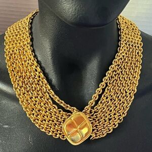 Vintage Designer Quilted Look Runway Multi-Strand Gold Tone Choker Necklace
